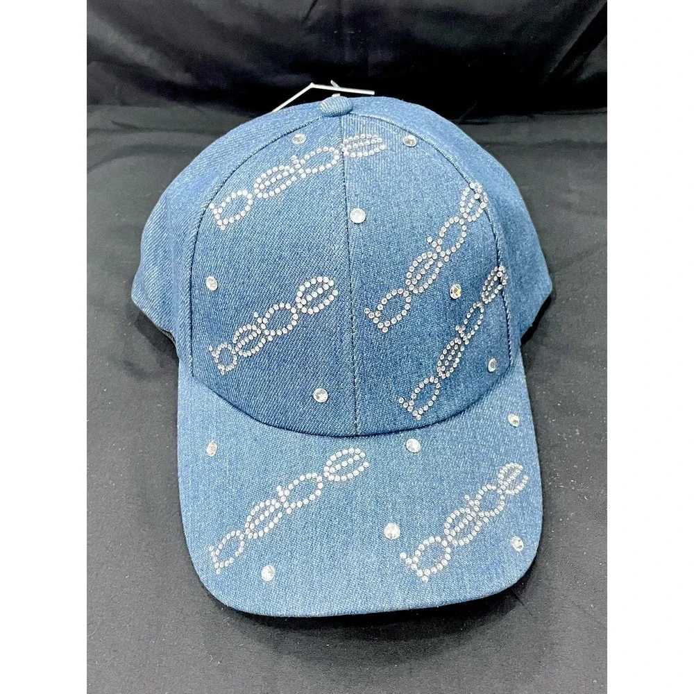 NWT Bebe Rhinestone Denim‎ Baseball Hat Blue All Over Bling Logo Cap Y2K